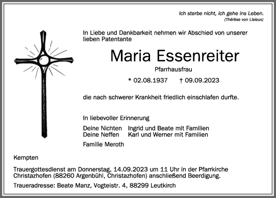 Traueranzeige von Maria Essenreiter von Allgäuer Zeitung,Kempten
