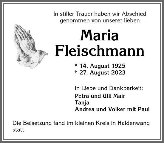 Traueranzeige von Maria Fleischmann von Allgäuer Zeitung,Kempten