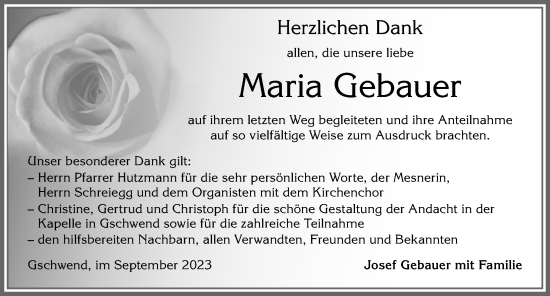 Traueranzeige von Maria Gebauer von Allgäuer Zeitung, Füssen