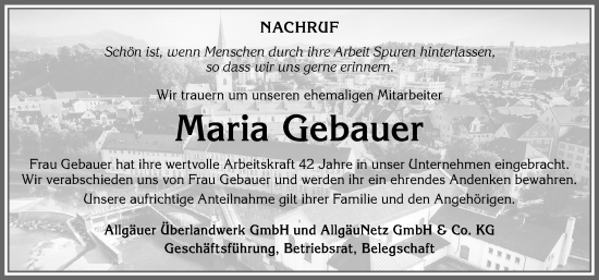 Traueranzeige von Maria Gebauer von Allgäuer Zeitung, Füssen