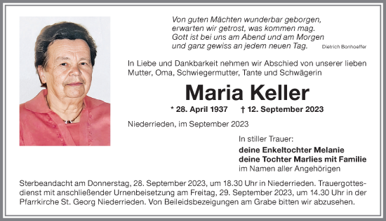 Traueranzeige von Maria Keller von Memminger Zeitung