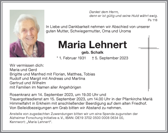 Traueranzeige von Maria Lehnert von Memminger Zeitung