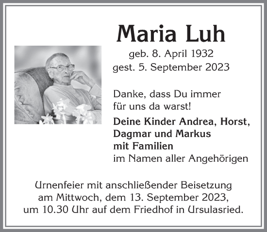 Traueranzeige von Maria Luh von Allgäuer Zeitung,Kempten
