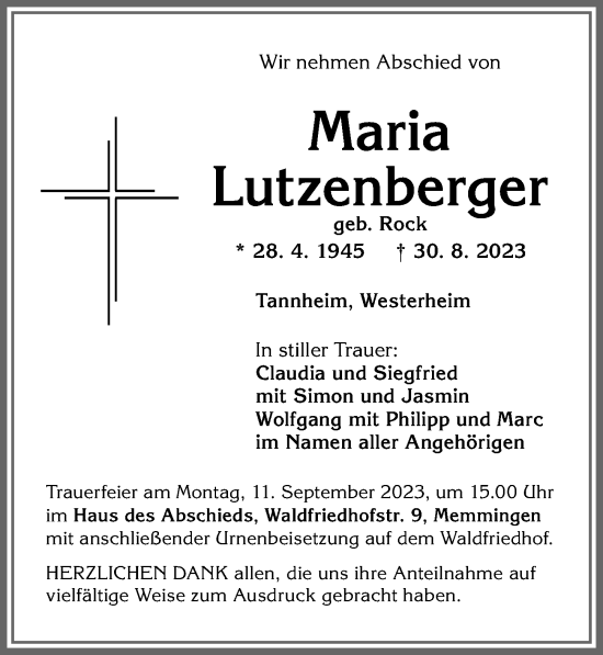 Traueranzeige von Maria Lutzenberger von Memminger Zeitung