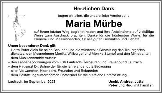 Traueranzeige von Maria Mürbe von Memminger Zeitung