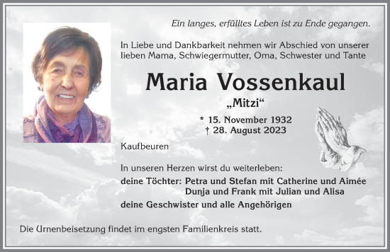 Traueranzeige von Maria Vossenkaul von Allgäuer Zeitung, Kaufbeuren/Buchloe