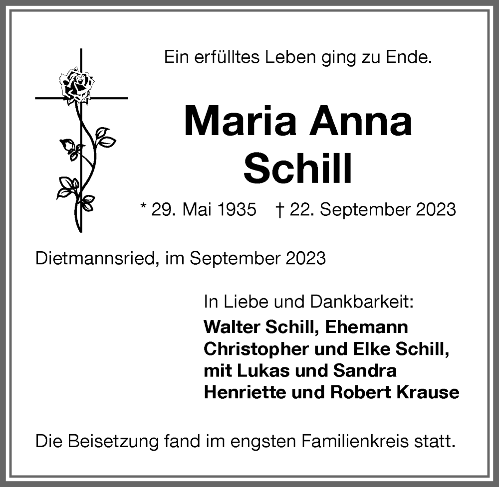  Traueranzeige für Maria Anna Schill vom 28.09.2023 aus Allgäuer Zeitung,Kempten