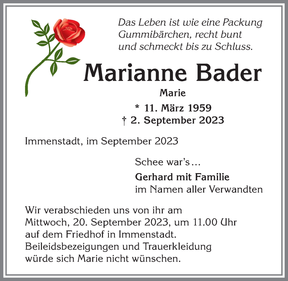  Traueranzeige für Marianne Bader vom 16.09.2023 aus Allgäuer Anzeigeblatt