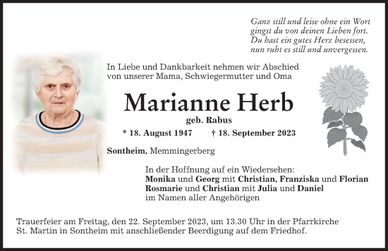 Traueranzeige von Marianne Herb von Memminger Zeitung