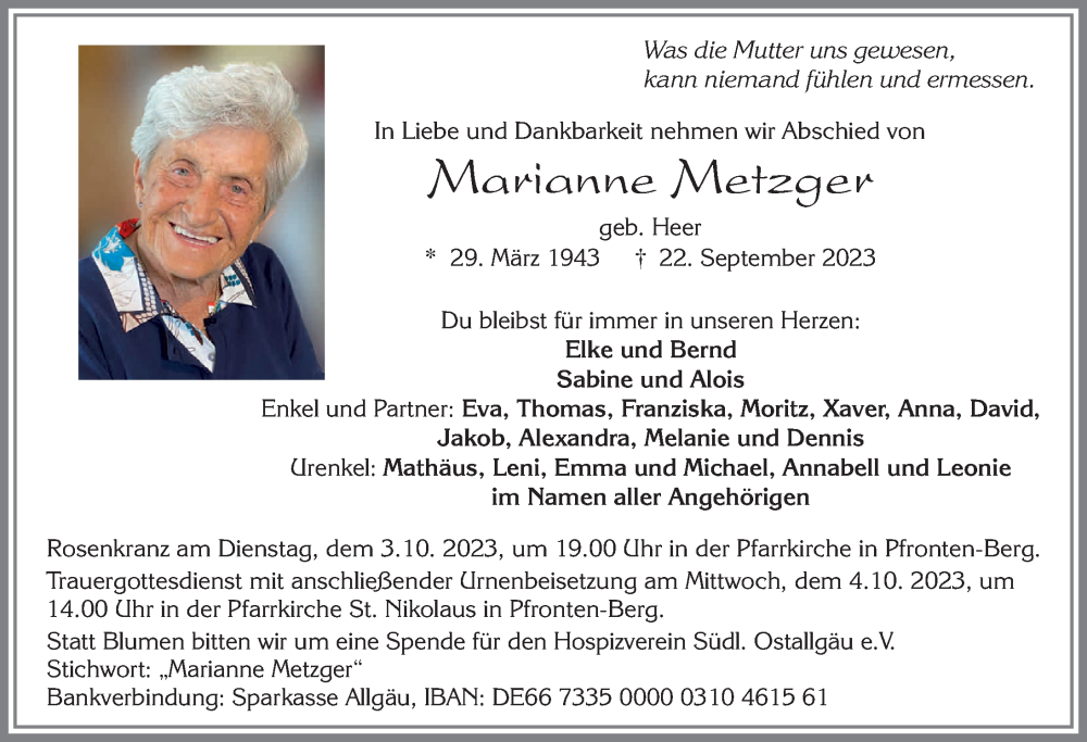  Traueranzeige für Marianne Metzger vom 28.09.2023 aus Allgäuer Zeitung, Füssen
