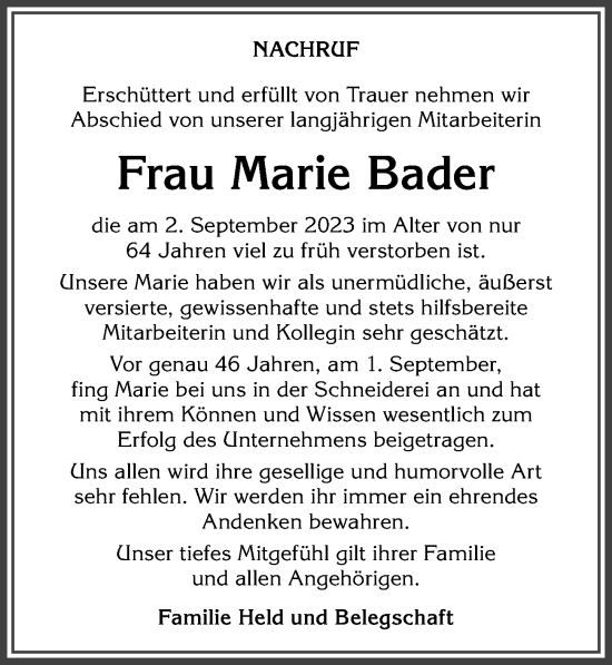 Traueranzeige von Marie Bader von Allgäuer Anzeigeblatt