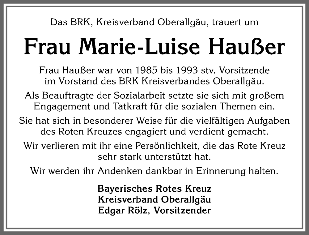  Traueranzeige für Marie-Luise Haußer vom 30.09.2023 aus Allgäuer Anzeigeblatt