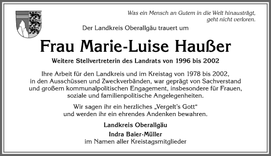Traueranzeige von Marie-Luise Haußer von Allgäuer Zeitung,Kempten