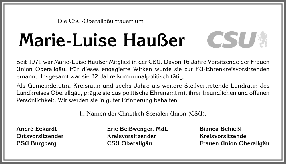  Traueranzeige für Marie-Luise Haußer vom 30.09.2023 aus Allgäuer Anzeigeblatt