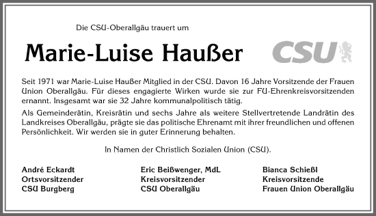 Traueranzeige von Marie-Luise Haußer von Allgäuer Anzeigeblatt