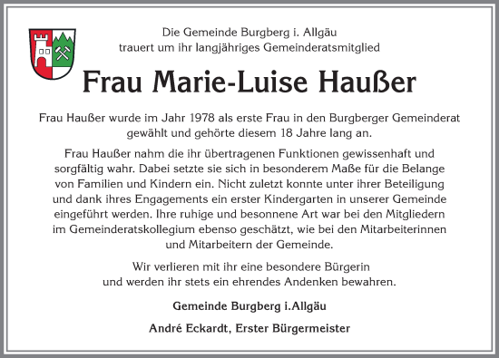 Traueranzeige von Marie-Luise Haußer von Allgäuer Anzeigeblatt