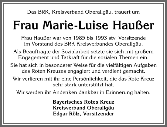 Traueranzeige von Marie-Luise Haußer von Allgäuer Anzeigeblatt