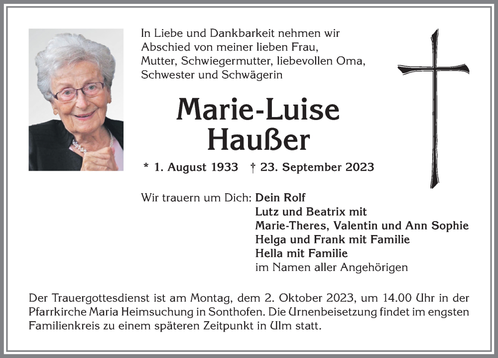  Traueranzeige für Marie-Luise Haußer vom 30.09.2023 aus Allgäuer Anzeigeblatt