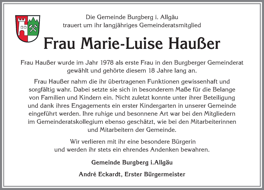  Traueranzeige für Marie-Luise Haußer vom 30.09.2023 aus Allgäuer Anzeigeblatt