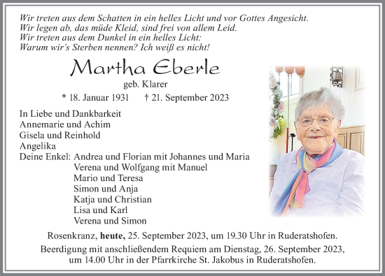 Traueranzeige von Martha Eberle von Allgäuer Zeitung, Marktoberdorf