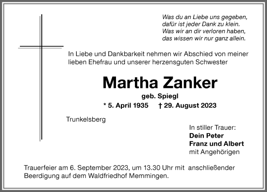Traueranzeige von Martha Zanker von Memminger Zeitung