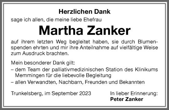 Traueranzeige von Martha Zanker von Memminger Zeitung