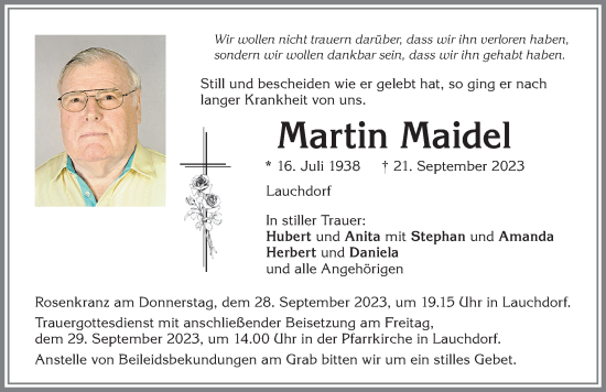 Traueranzeige von Martin Maidel von Mindelheimer Zeitung, Augsburger Allgemeine