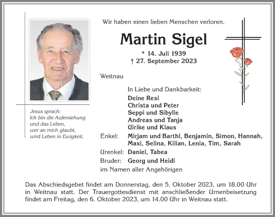 Traueranzeige von Martin Sigel von Allgäuer Anzeigeblatt