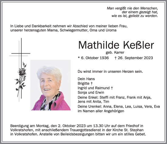 Traueranzeige von Mathilde Keßler von Memminger Zeitung