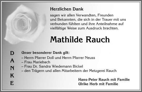 Traueranzeige von Mathilde Rauch von Allgäuer Zeitung,Kempten
