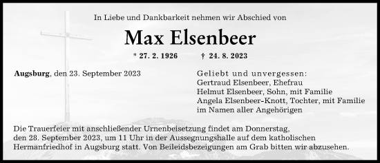 Traueranzeige von Max Elsenbeer von Augsburger Allgemeine