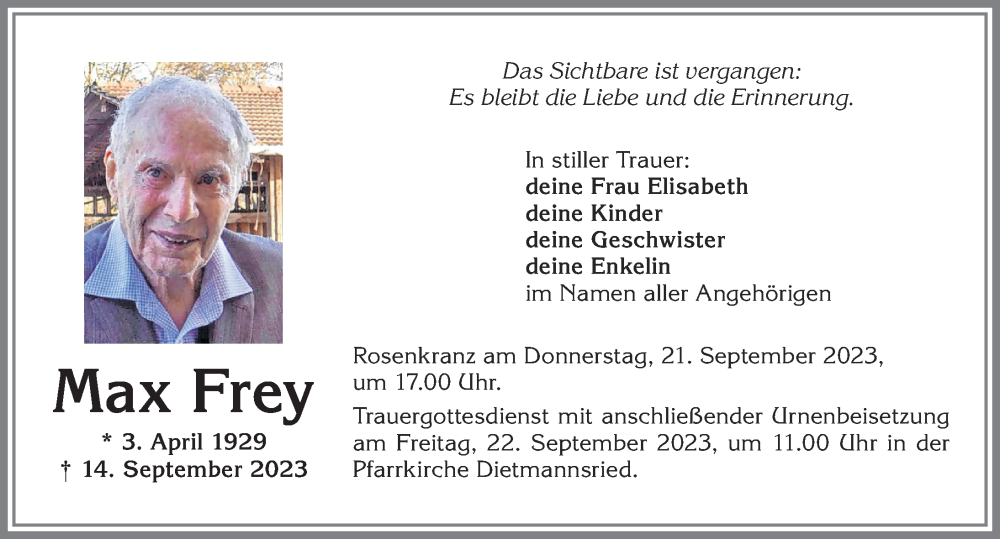  Traueranzeige für Max Frey vom 19.09.2023 aus Allgäuer Zeitung,Kempten