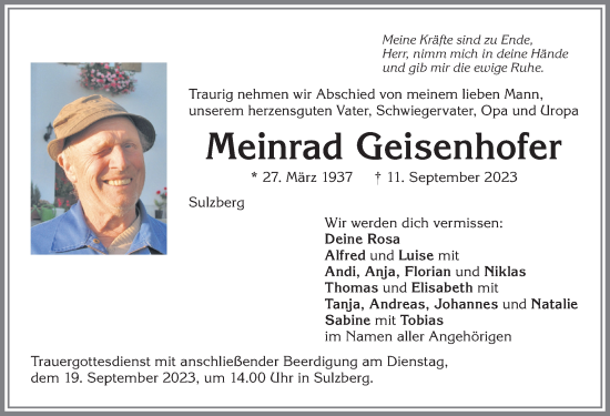 Traueranzeige von Meinrad Geisenhofer von Allgäuer Zeitung,Kempten