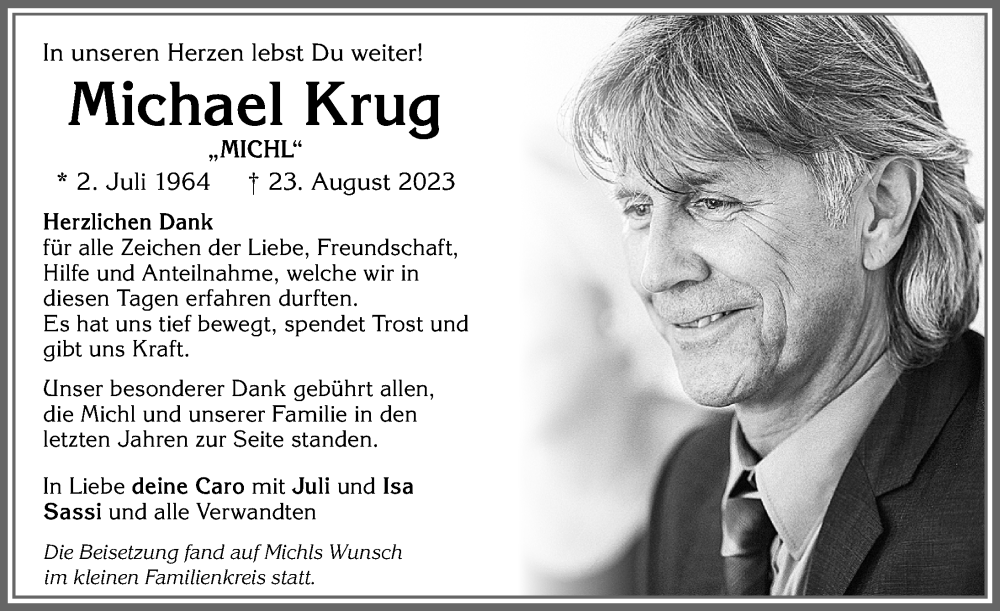  Traueranzeige für Michael Krug vom 09.09.2023 aus Allgäuer Zeitung, Kaufbeuren/Buchloe