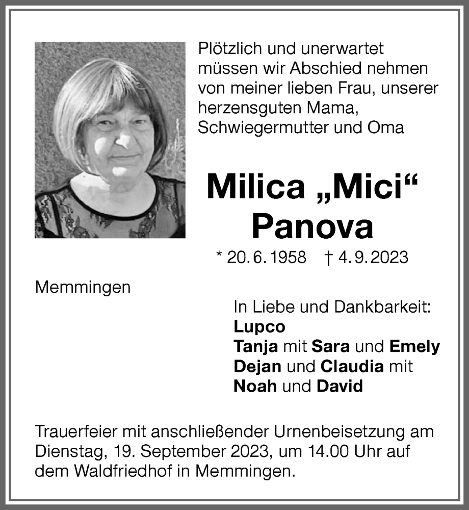  Traueranzeige für Milica Panova vom 16.09.2023 aus Memminger Zeitung