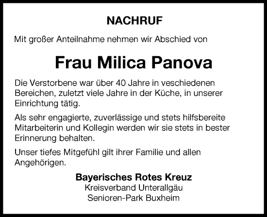 Traueranzeige von Milica Panova von Memminger Zeitung