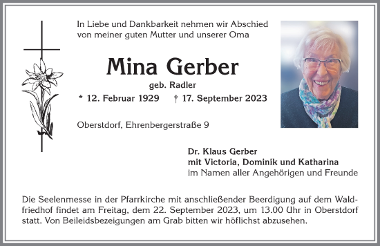 Traueranzeige von Mina Gerber von Allgäuer Anzeigeblatt