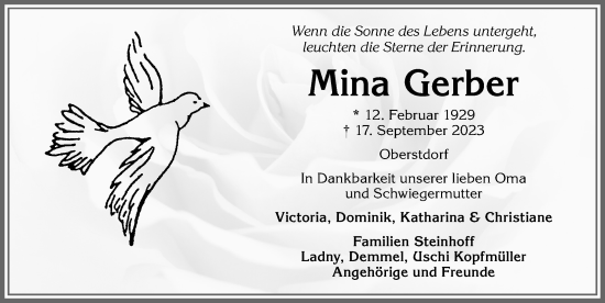 Traueranzeige von Mina Gerber von Allgäuer Anzeigeblatt