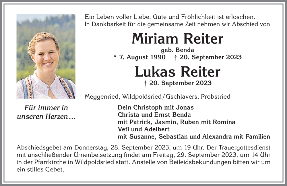  Traueranzeige für Miriam Reiter vom 26.09.2023 aus Allgäuer Zeitung,Kempten