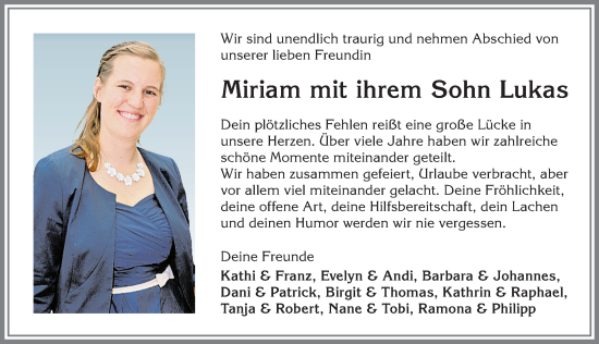 Traueranzeige von Miriam Reiter von Allgäuer Zeitung,Kempten