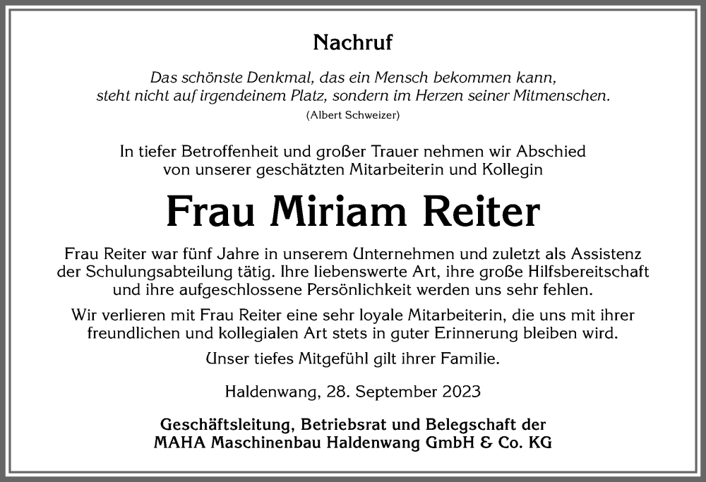  Traueranzeige für Miriam Reiter vom 28.09.2023 aus Allgäuer Zeitung,Kempten