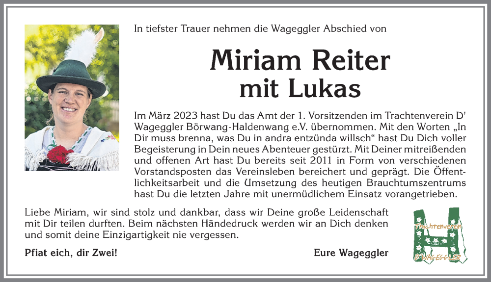  Traueranzeige für Miriam Reiter vom 29.09.2023 aus Allgäuer Zeitung,Kempten