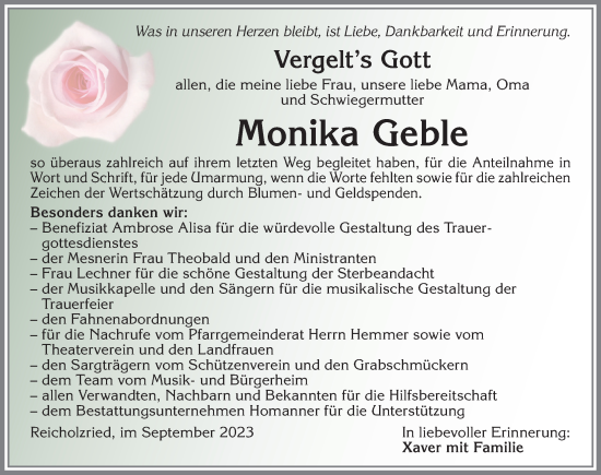 Traueranzeige von Monika Geble von Allgäuer Zeitung,Kempten