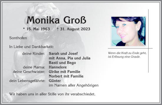 Traueranzeige von Monika Groß von Allgäuer Anzeigeblatt