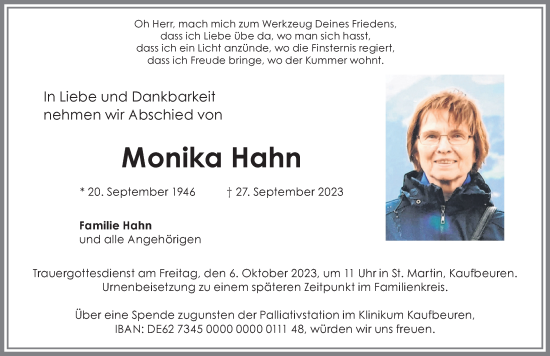 Traueranzeige von Monika Hahn von Allgäuer Zeitung, Kaufbeuren/Buchloe