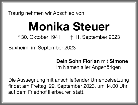 Traueranzeige von Monika Steuer von Memminger Zeitung