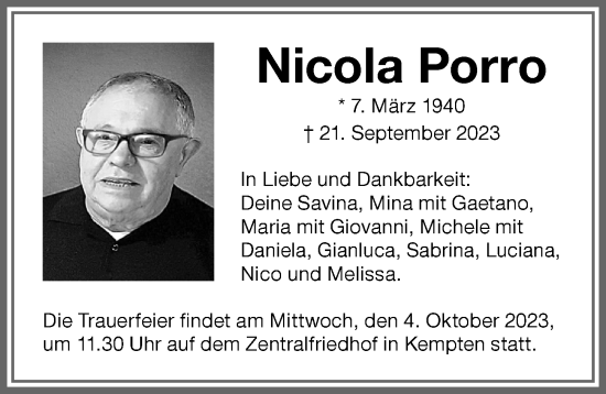 Traueranzeige von Nicola Porro von Allgäuer Zeitung,Kempten