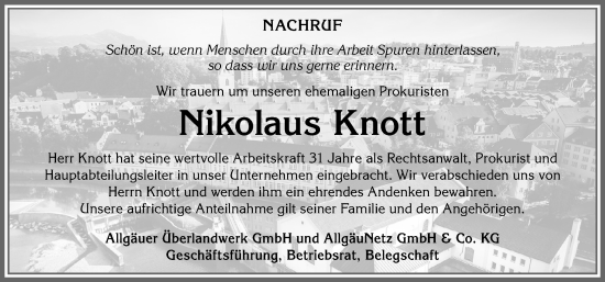 Traueranzeige von Nikolaus Knott von Allgäuer Zeitung,Kempten
