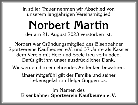 Traueranzeige von Norbert Martin von Allgäuer Zeitung, Kaufbeuren/Buchloe