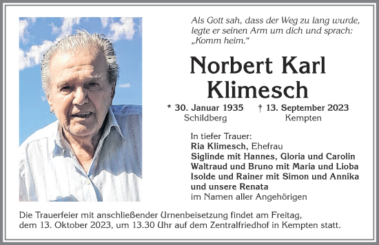 Traueranzeige von Norbert Karl Klimesch von Allgäuer Zeitung,Kempten